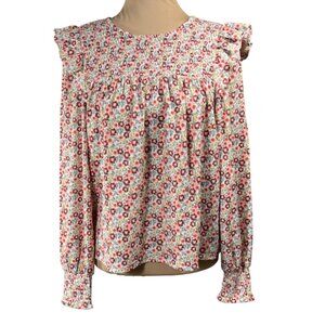 Loft Popover Top Ditzy Floral Size M Medium Smocked Rust Pink Green Long Sleeve